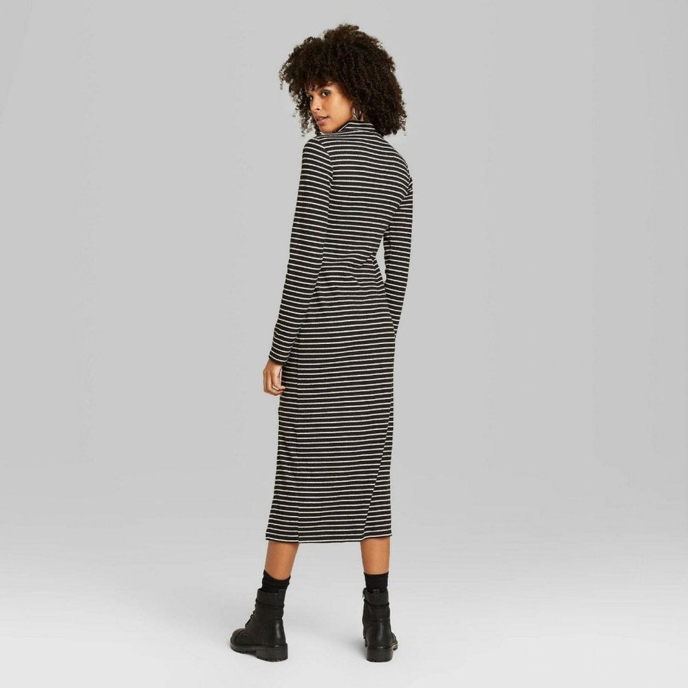 NWT Striped Rib Knit Midi Dress Large Black - Picture 2 of 5